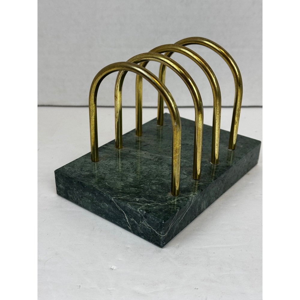 Vintage Green Marble and Brass Letter Holder Desk Organizer Toast Rack MCM